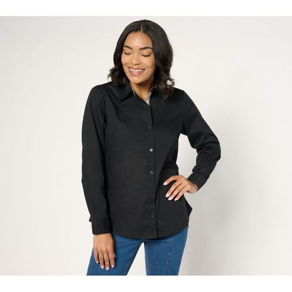 Denim & Co. Women's Top Plus Sz 3X Printed Poplin Button Front Black A671825 - Picture 1 of 4